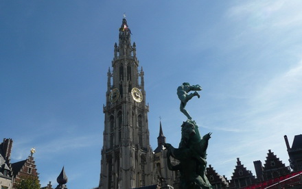 Brabo and Tower on Markt. Antwerp. Belgium